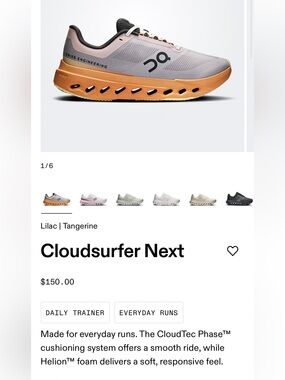 ON Women’s Cloudsurfer Next Womens Sz 7.5M Lilac/Tangerine 3WE30054321 Clean.